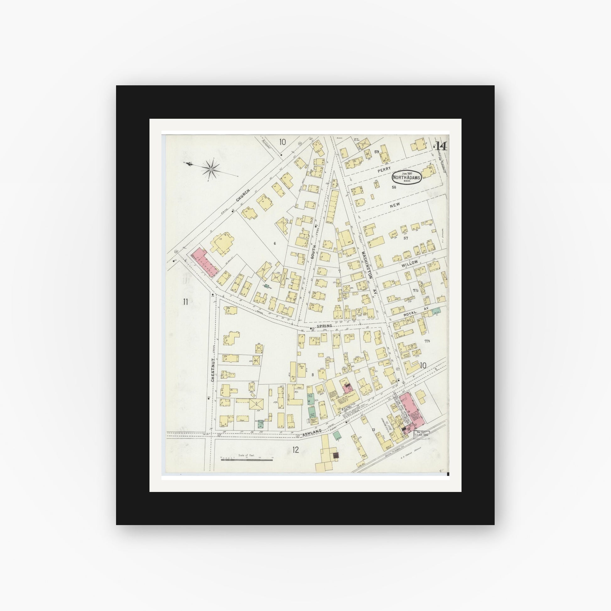 Old map wall art mockup — black gallery frame with white mat — Sanborn Fire Insurance Map from North Adams, Berkshire County, Massachusetts (1897), Sheet #0014
