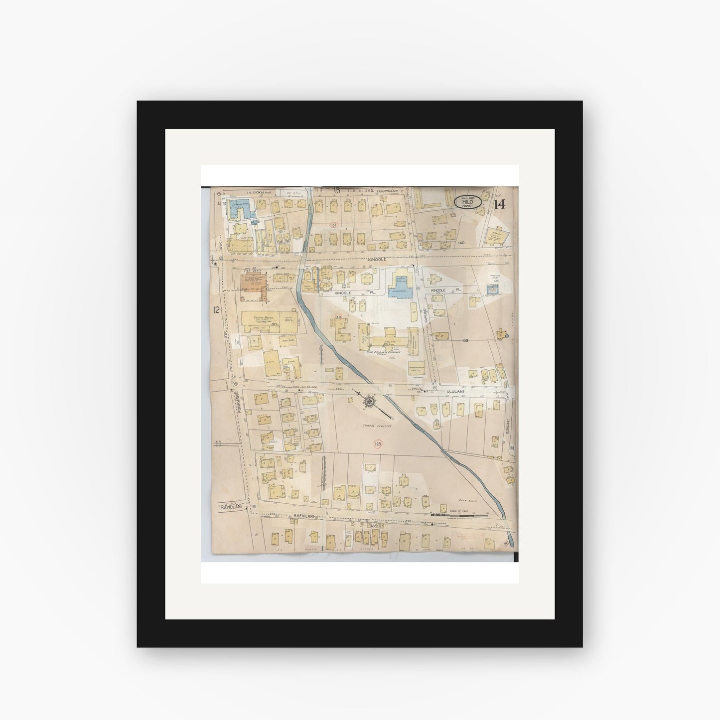 Old map wall art mockup — black gallery frame with white mat — Sanborn Fire Insurance Map from Hilo, Hawaii County, Hawaii (1957), Sheet #0014