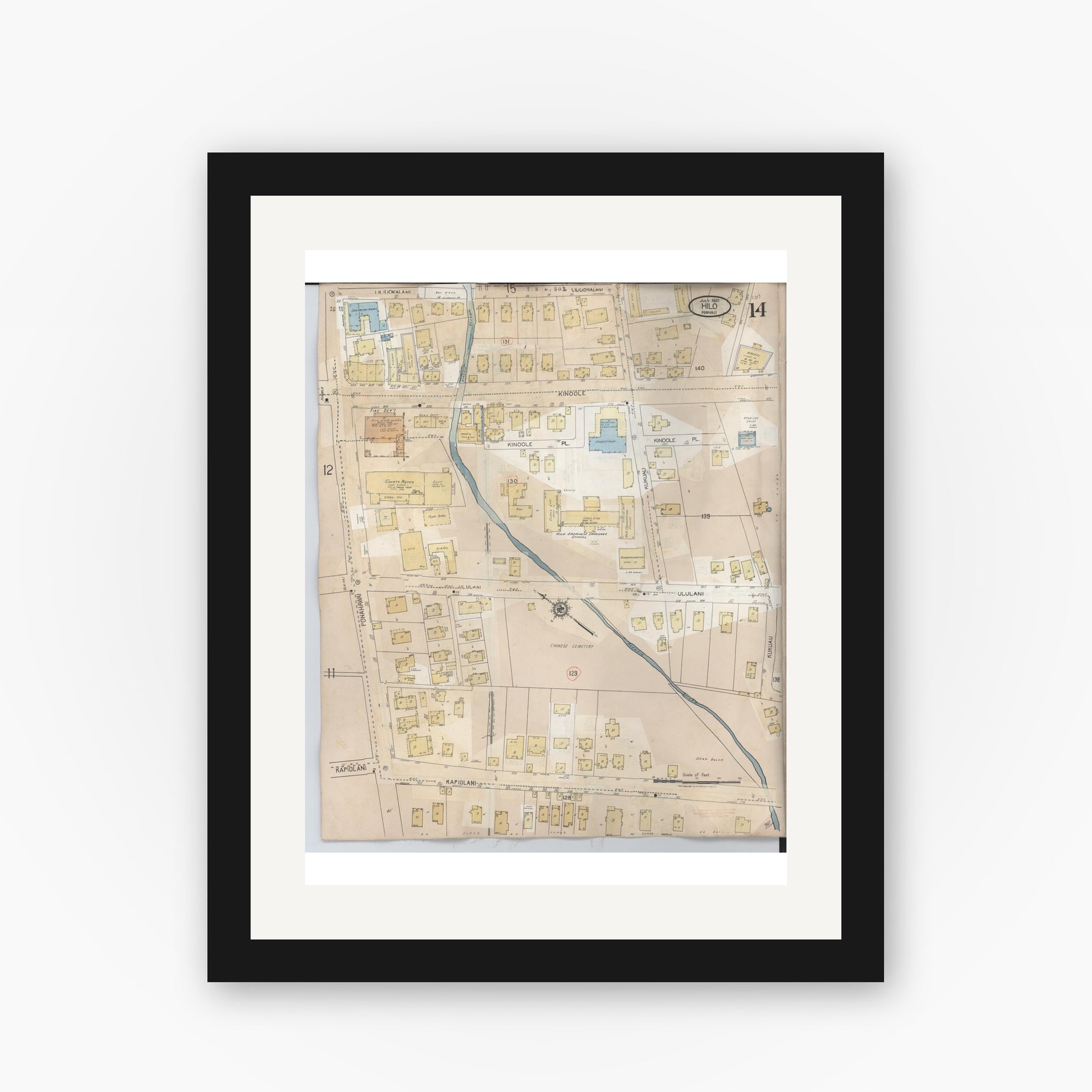 Old map wall art mockup — black gallery frame with white mat — Sanborn Fire Insurance Map from Hilo, Hawaii County, Hawaii (1957), Sheet #0014