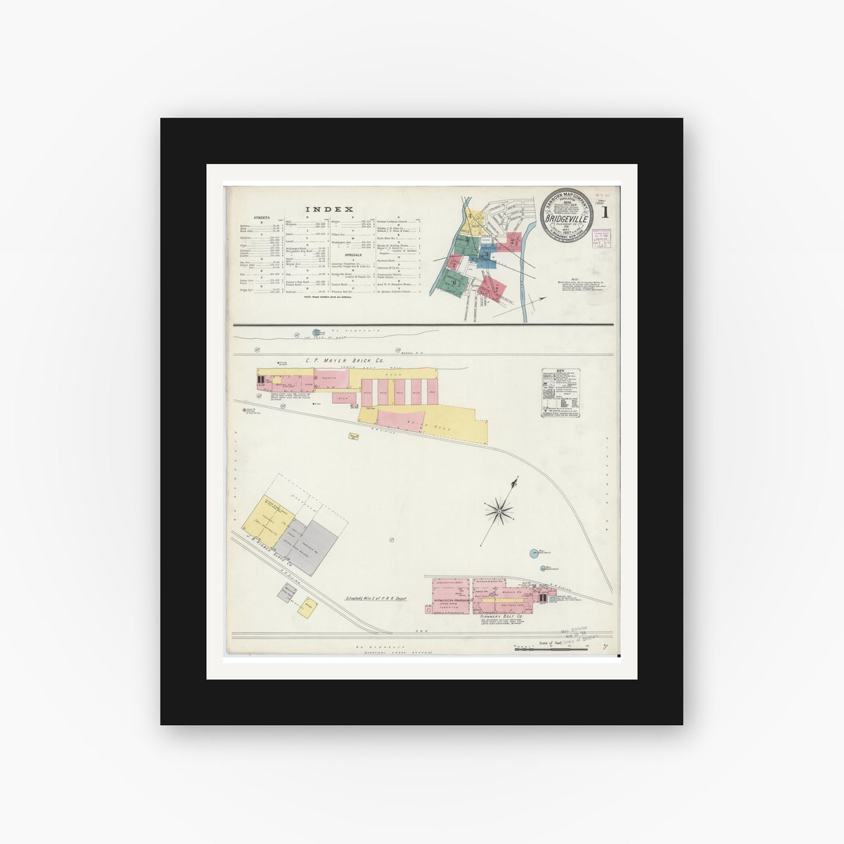 Old map wall art mockup — black gallery frame with white mat — Sanborn Fire Insurance Map from Bridgeville, Allegheny County, Pennsylvania (1907) - Complete Map Set