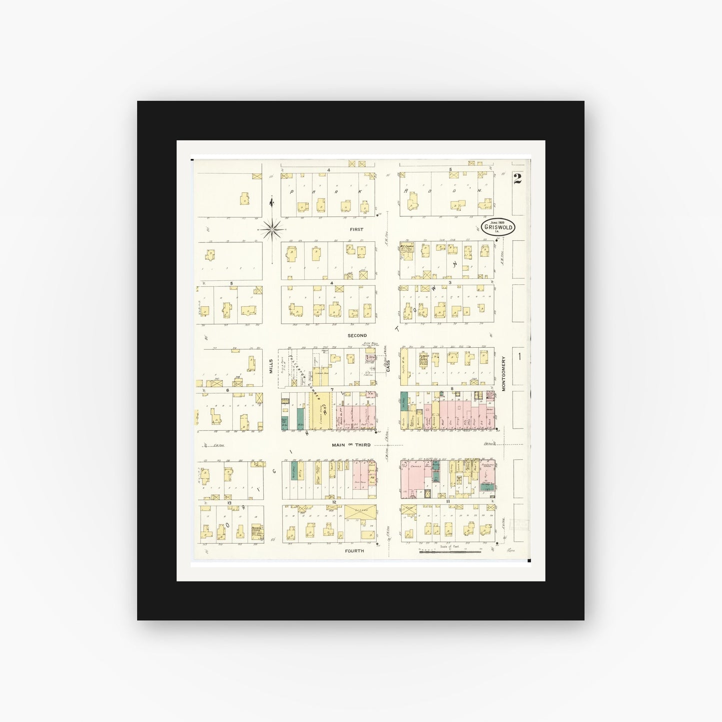 Old map wall art mockup — black gallery frame with white mat — Sanborn Fire Insurance Map from Griswold, Cass County, Iowa (1909), Sheet #0002