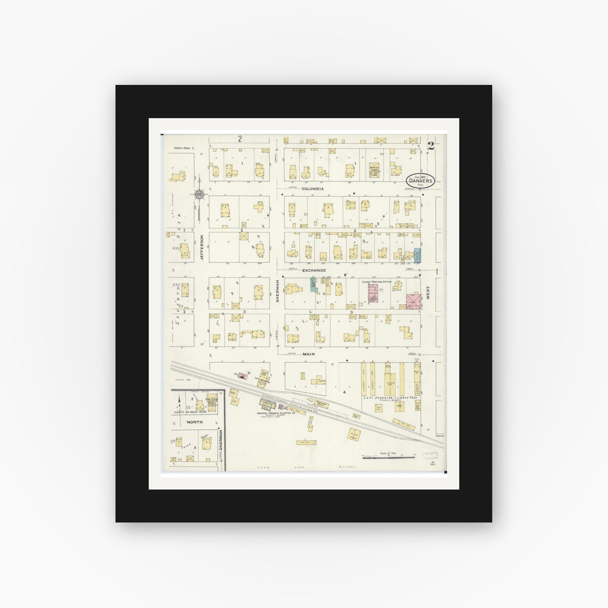 Old map wall art mockup — black gallery frame with white mat — Sanborn Fire Insurance Map from Danvers, McLean County, Illinois (1910), Sheet #0002