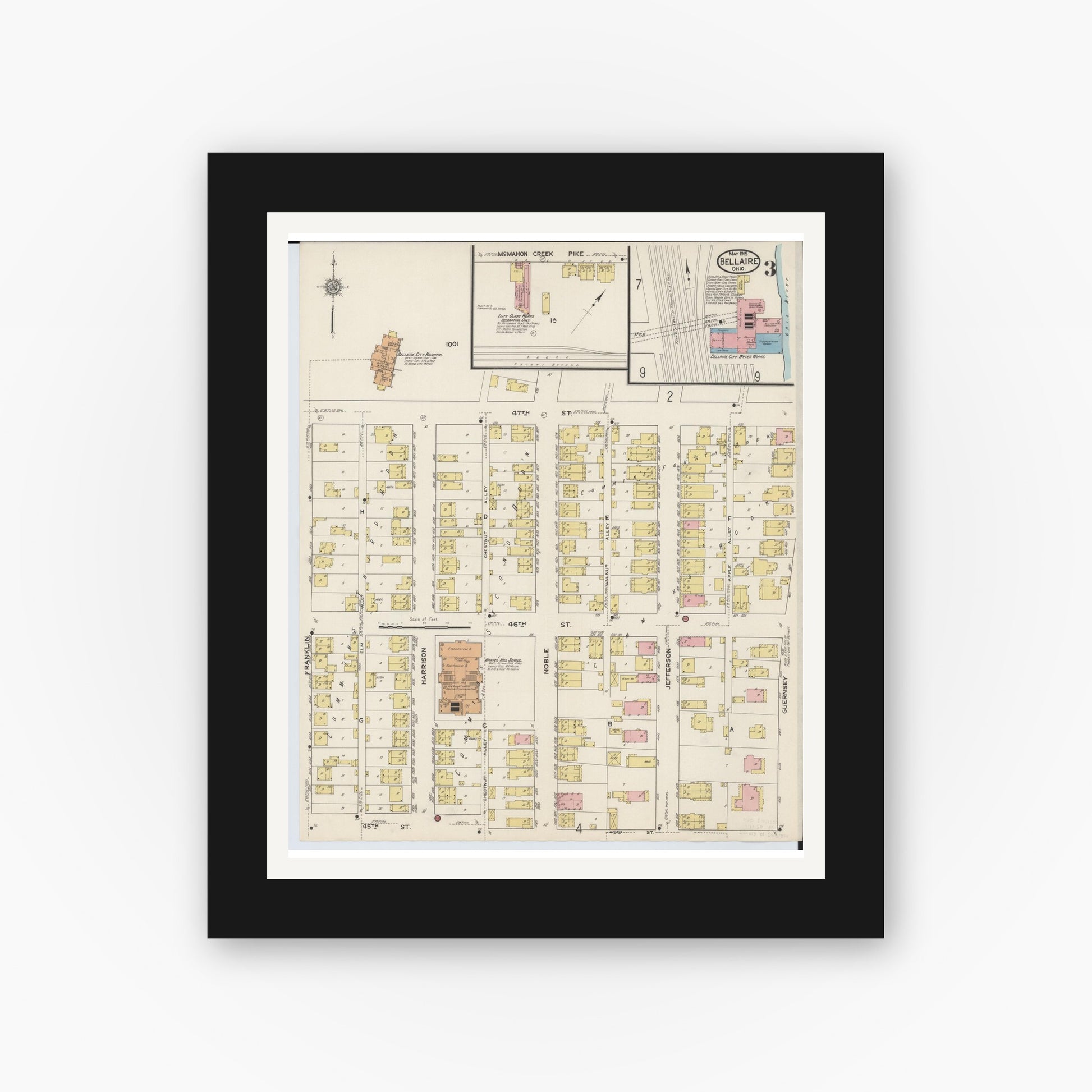 Old map wall art mockup — black gallery frame with white mat — Sanborn Fire Insurance Map from Bellaire, Belmont County, Ohio (1915), Sheet #0003