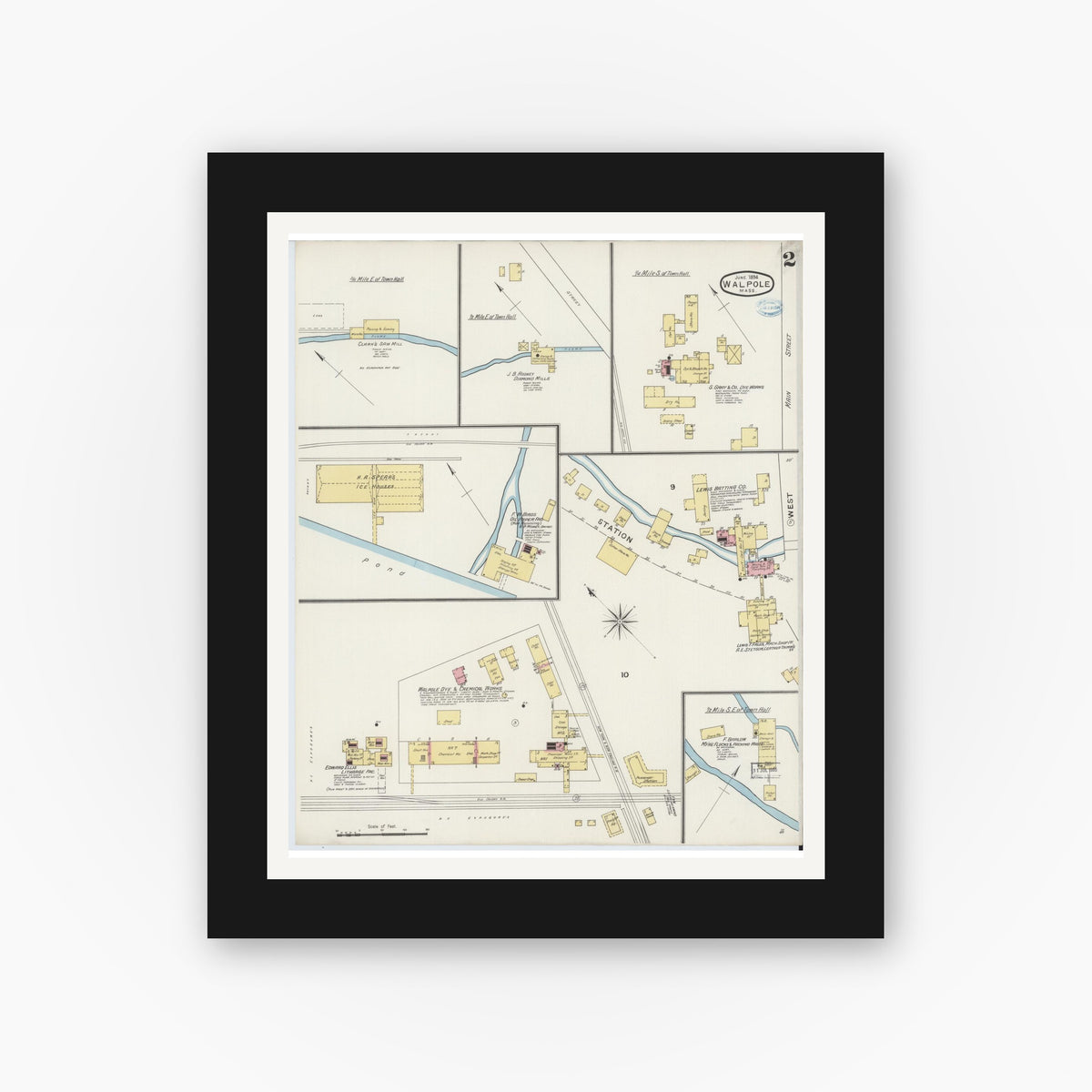 Old map wall art mockup — black gallery frame with white mat — Sanborn Fire Insurance Map from Walpole, Norfolk County, Massachusetts (1894), Sheet #0002