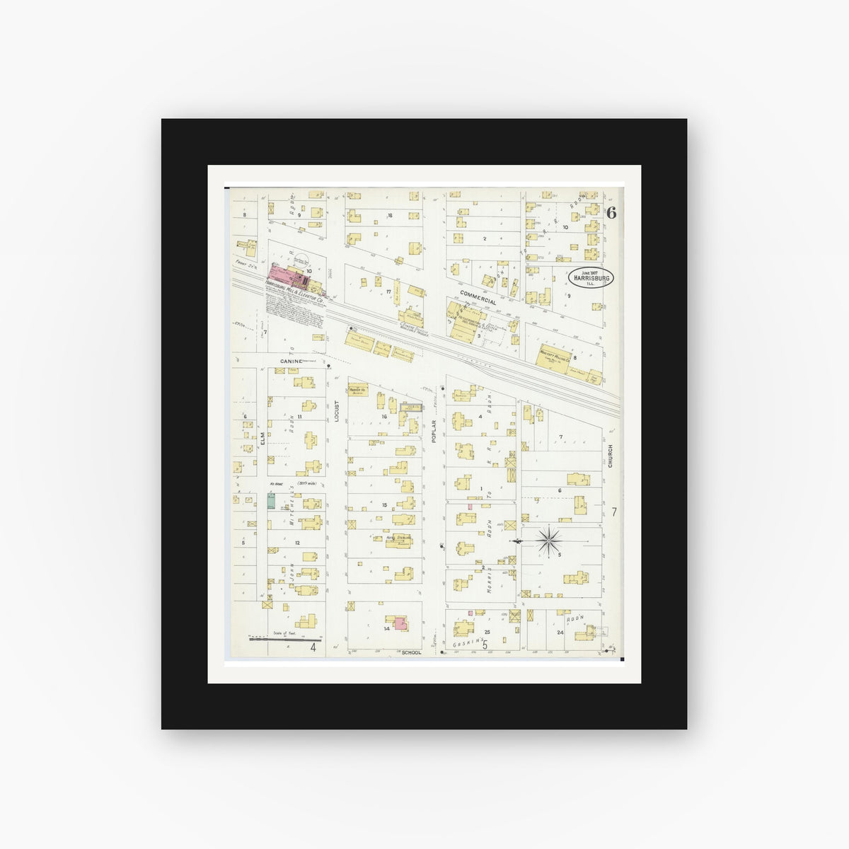 Old map wall art mockup — black gallery frame with white mat — Sanborn Fire Insurance Map from Harrisburg, Saline County, Illinois (1907), Sheet #0006
