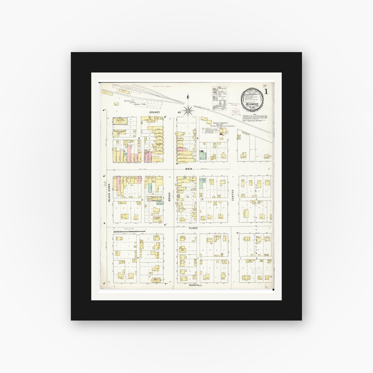 Old map wall art mockup — black gallery frame with white mat — Sanborn Fire Insurance Map from Reinbeck, Grundy County, Iowa (1895) â€” Complete Set