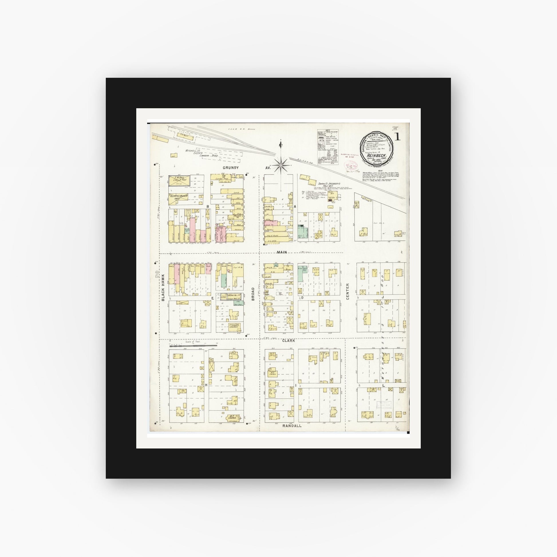 Old map wall art mockup — black gallery frame with white mat — Sanborn Fire Insurance Map from Reinbeck, Grundy County, Iowa (1895) â€” Complete Set