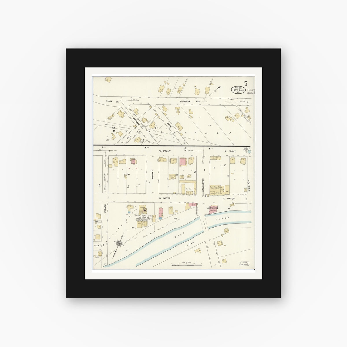 Old map wall art mockup — black gallery frame with white mat — Sanborn Fire Insurance Map from Delphi, Carroll County, Indiana (1912), Sheet #0007