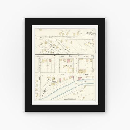 Old map wall art mockup — black gallery frame with white mat — Sanborn Fire Insurance Map from Delphi, Carroll County, Indiana (1912), Sheet #0007
