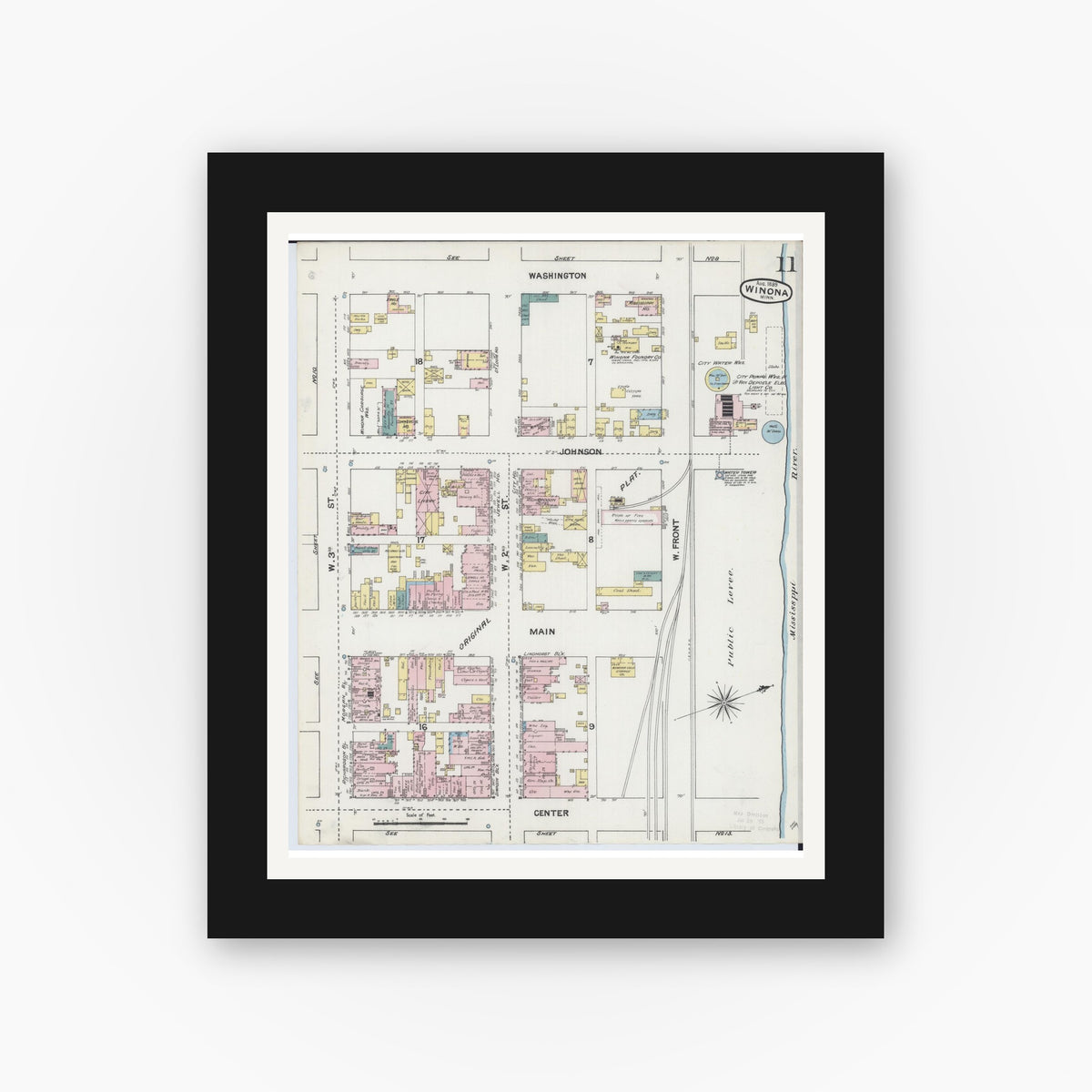 Old map wall art mockup — black gallery frame with white mat — Sanborn Fire Insurance Map from Winona, Winona County, Minnesota (1889), Sheet #0011