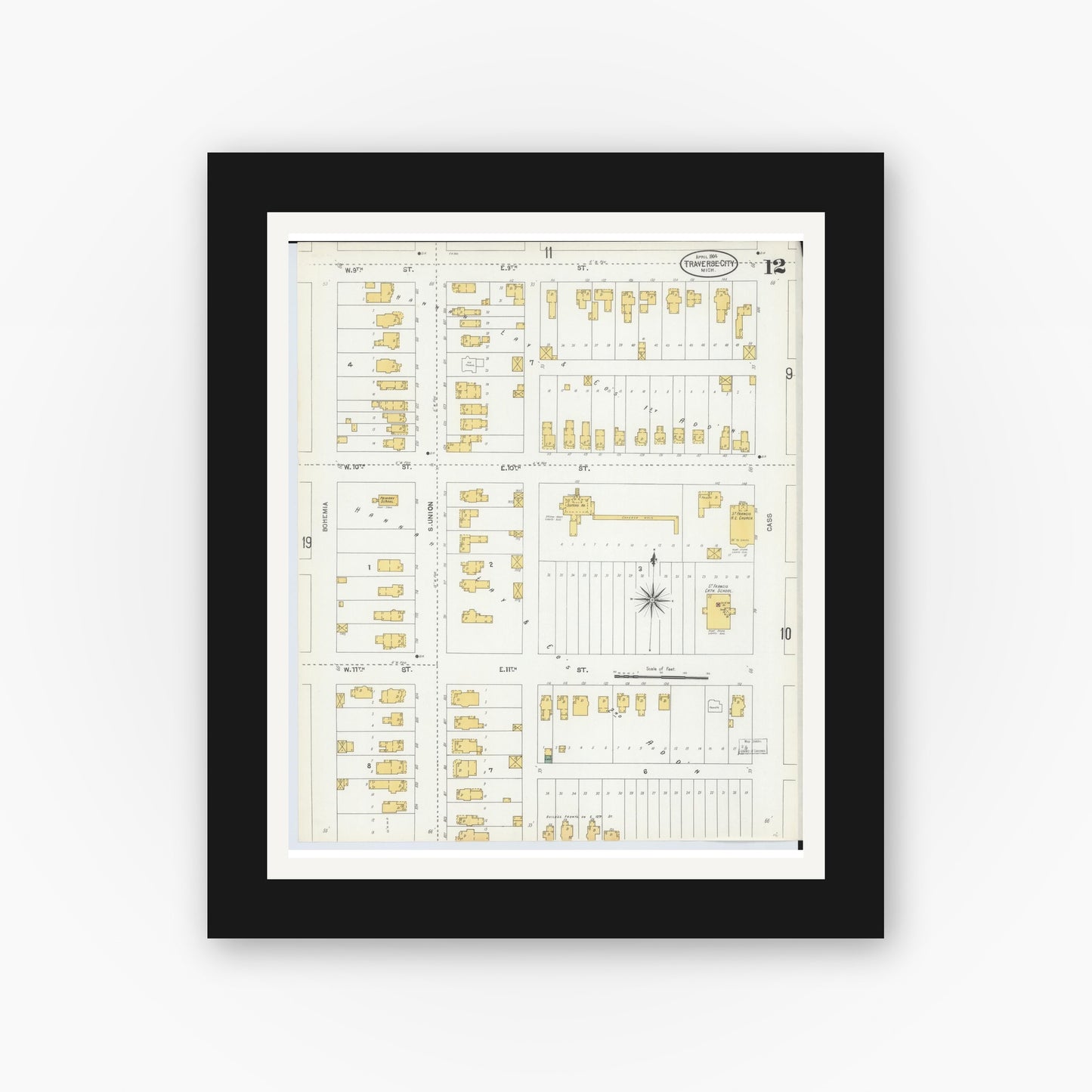 Old map wall art mockup — black gallery frame with white mat — Sanborn Fire Insurance Map from Traverse City, Grand Traverse County, Michigan (1904), Sheet #0012