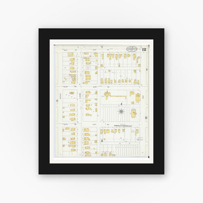 Old map wall art mockup — black gallery frame with white mat — Sanborn Fire Insurance Map from Traverse City, Grand Traverse County, Michigan (1904), Sheet #0012