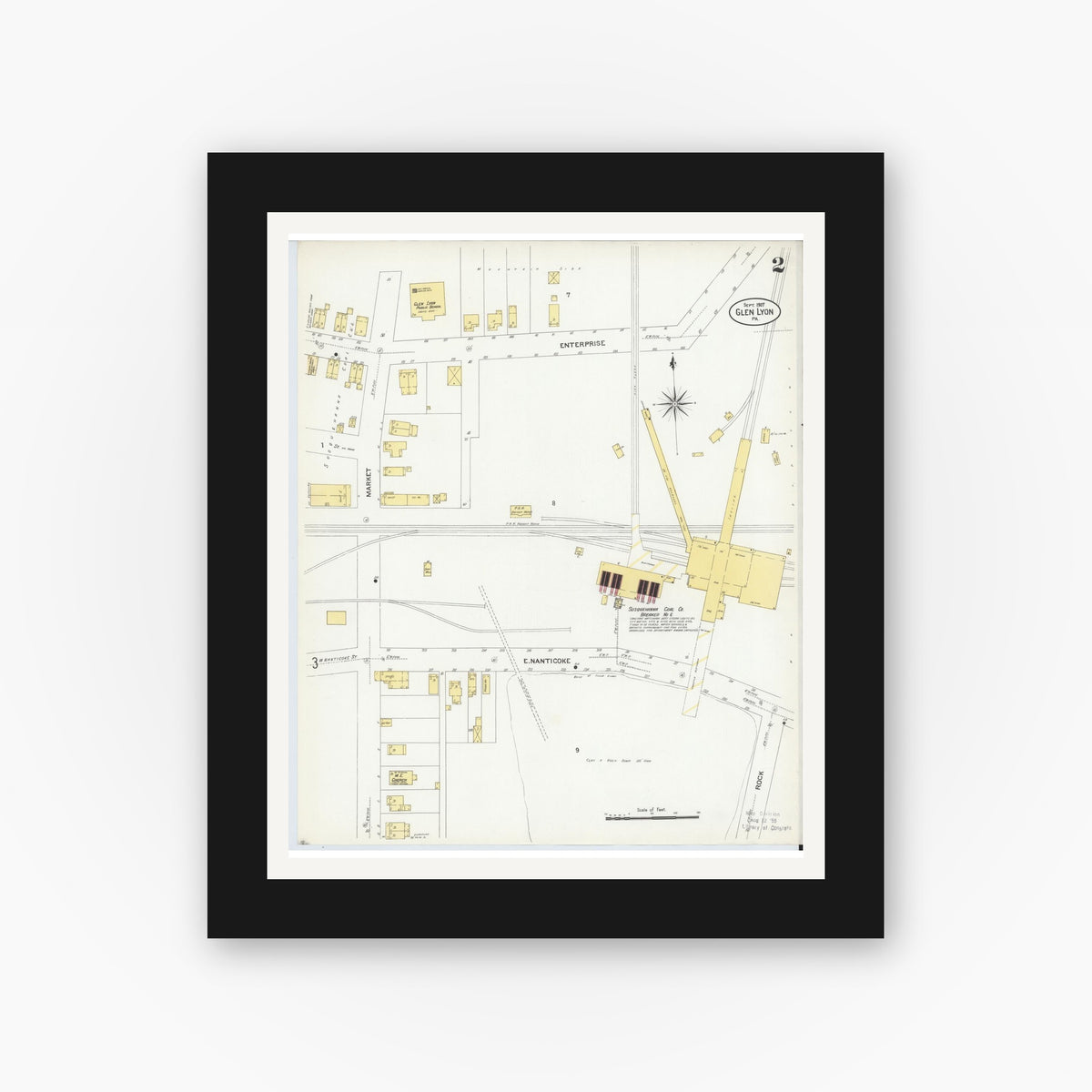 Old map wall art mockup — black gallery frame with white mat — Sanborn Fire Insurance Map from Glen Lyon, Luzerne County, Pennsylvania (1907), Sheet #0002