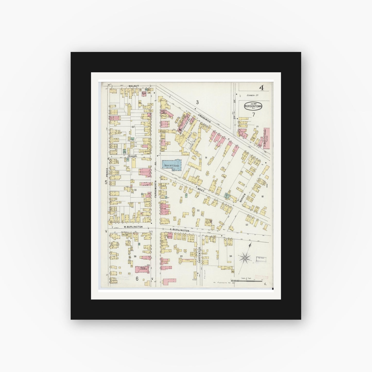 Old map wall art mockup — black gallery frame with white mat — Sanborn Fire Insurance Map from Bordentown, Burlington County, New Jersey (1897), Sheet #0004