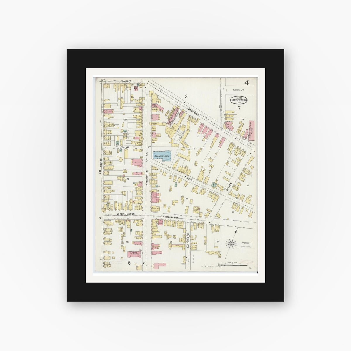 Old map wall art mockup — black gallery frame with white mat — Sanborn Fire Insurance Map from Bordentown, Burlington County, New Jersey (1897), Sheet #0004