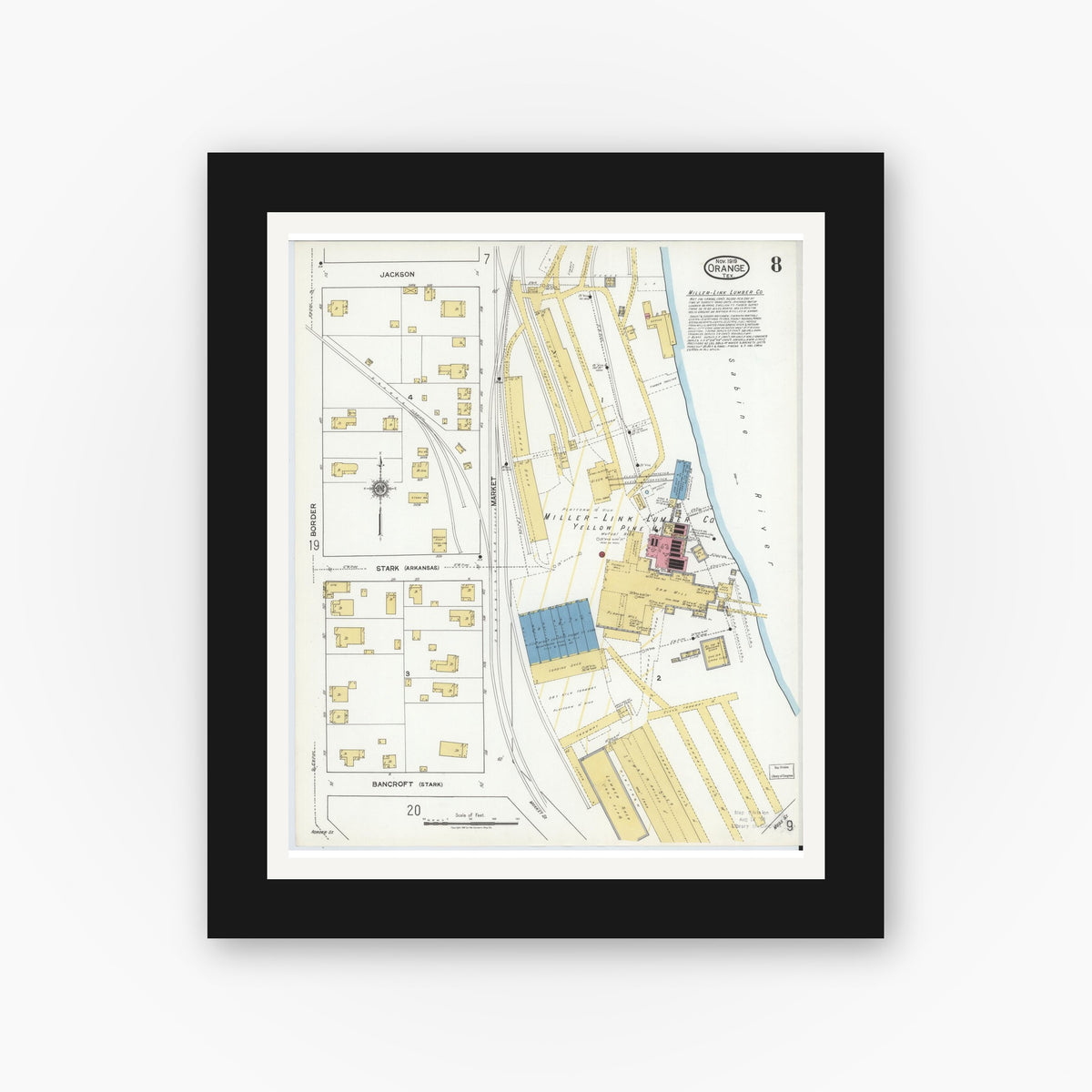 Old map wall art mockup — black gallery frame with white mat — Sanborn Fire Insurance Map from Orange, Orange County, Texas (1919), Sheet #0008