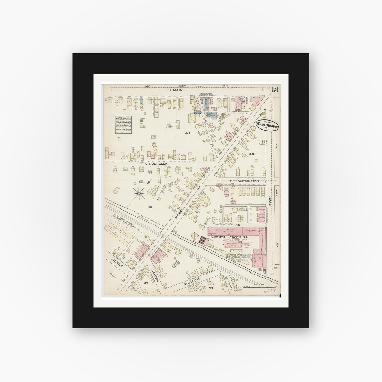Old map wall art mockup — black gallery frame with white mat — Sanborn Fire Insurance Map from Wilkes Barre, Luzerne County, Pennsylvania (1884), Sheet #0013