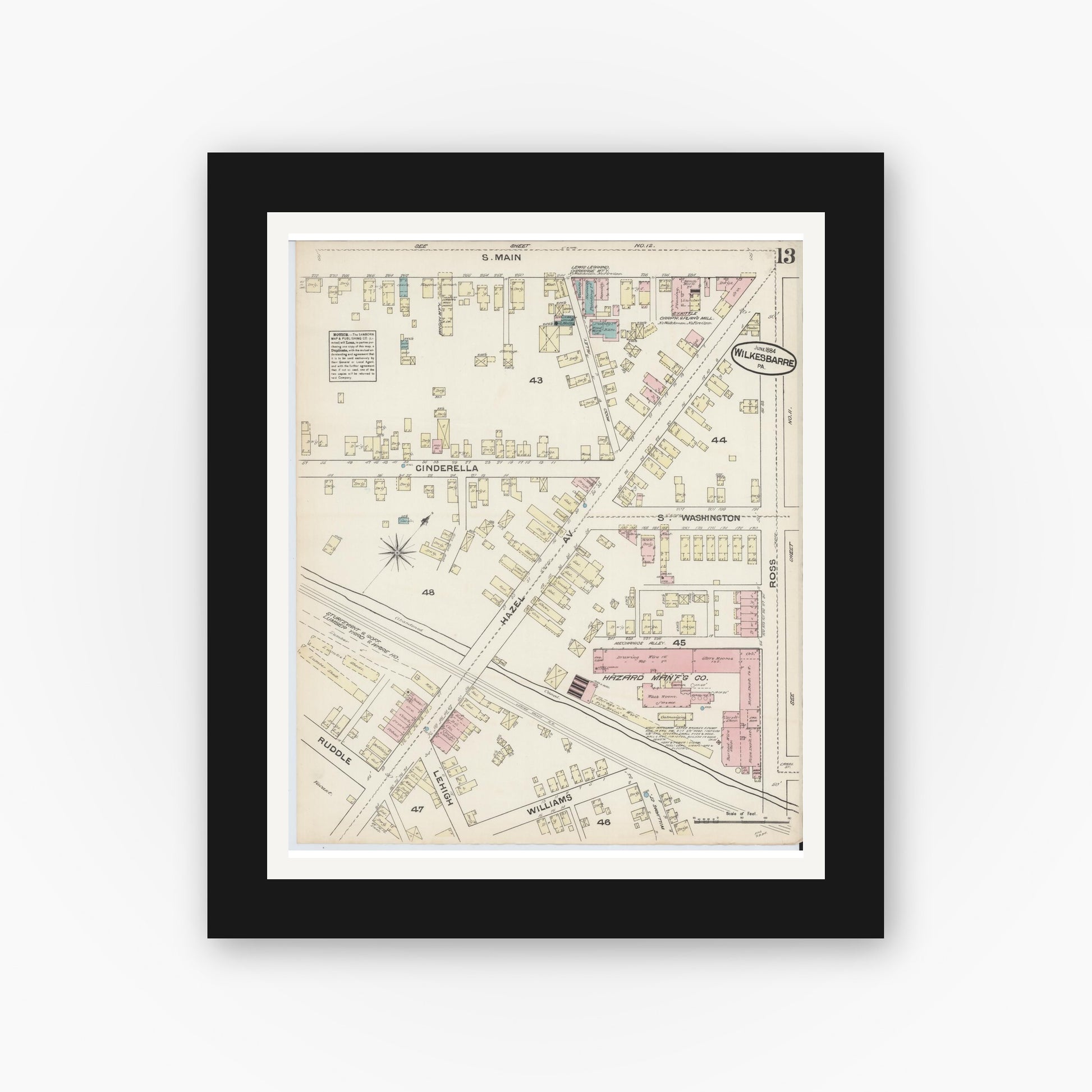 Old map wall art mockup — black gallery frame with white mat — Sanborn Fire Insurance Map from Wilkes Barre, Luzerne County, Pennsylvania (1884), Sheet #0013