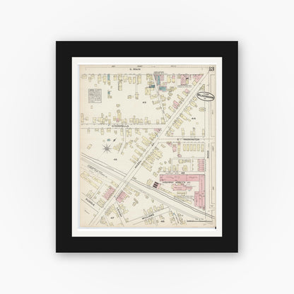 Old map wall art mockup — black gallery frame with white mat — Sanborn Fire Insurance Map from Wilkes Barre, Luzerne County, Pennsylvania (1884), Sheet #0013