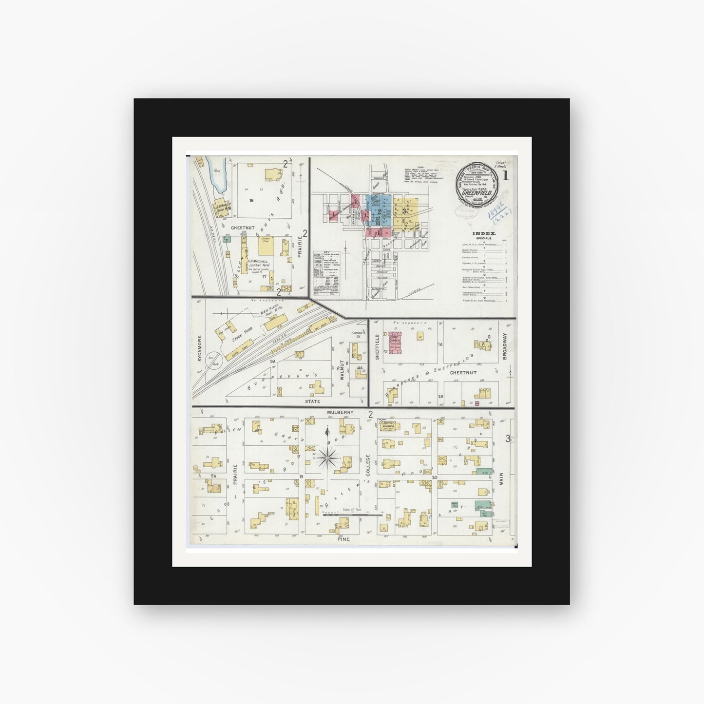 Old map wall art mockup — black gallery frame with white mat — Sanborn Fire Insurance Map from Greenfield, Greene County, Illinois (1899), Sheet #0001