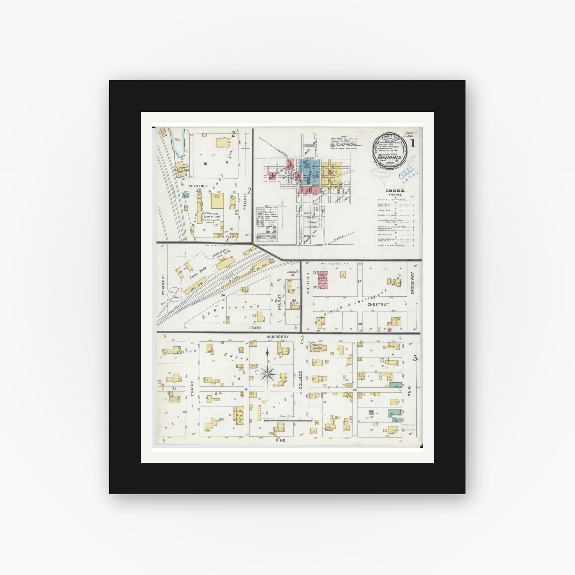Old map wall art mockup — black gallery frame with white mat — Sanborn Fire Insurance Map from Greenfield, Greene County, Illinois (1899), Sheet #0001