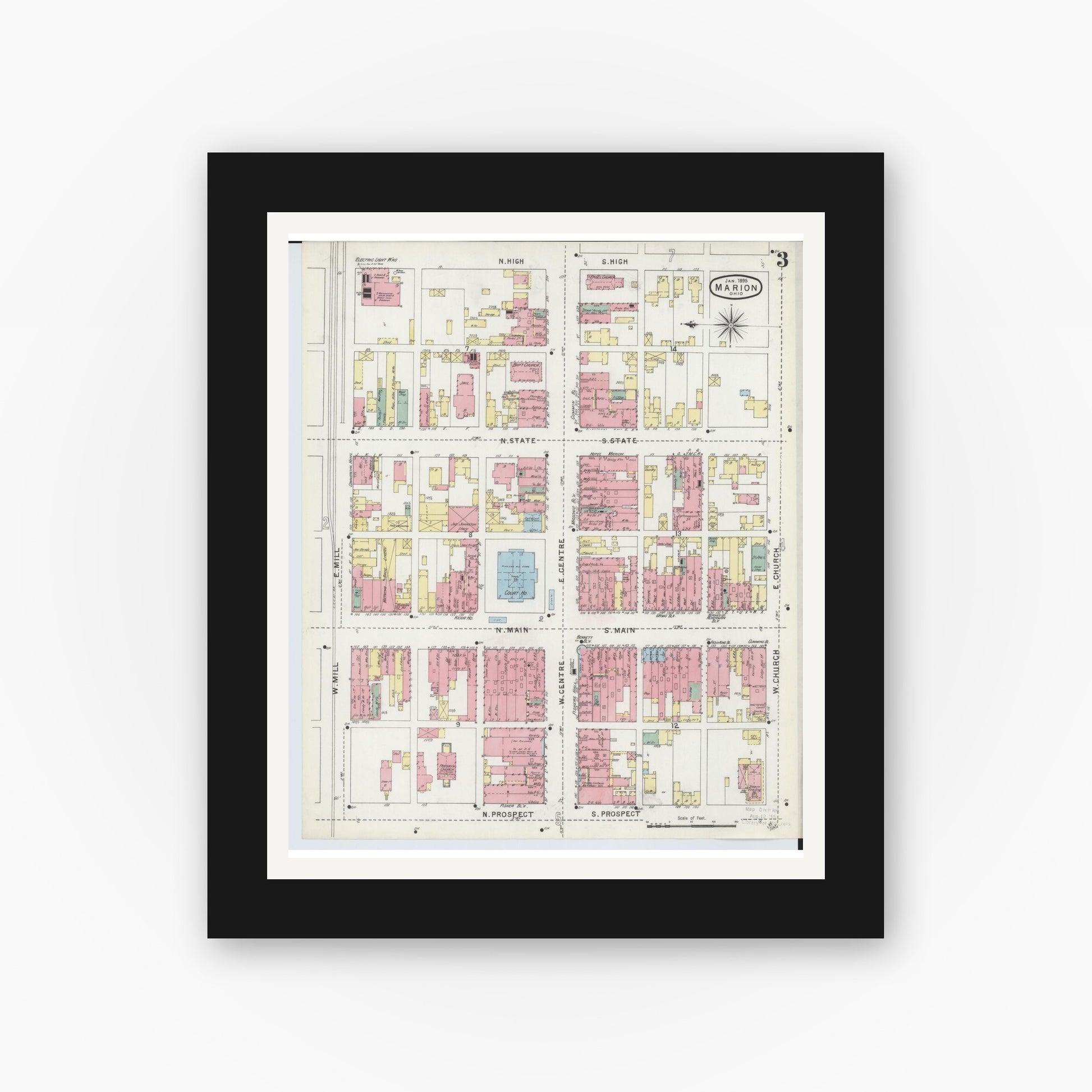 Old map wall art mockup — black gallery frame with white mat — Sanborn Fire Insurance Map from Marion, Marion County, Ohio (1895), Sheet #0003