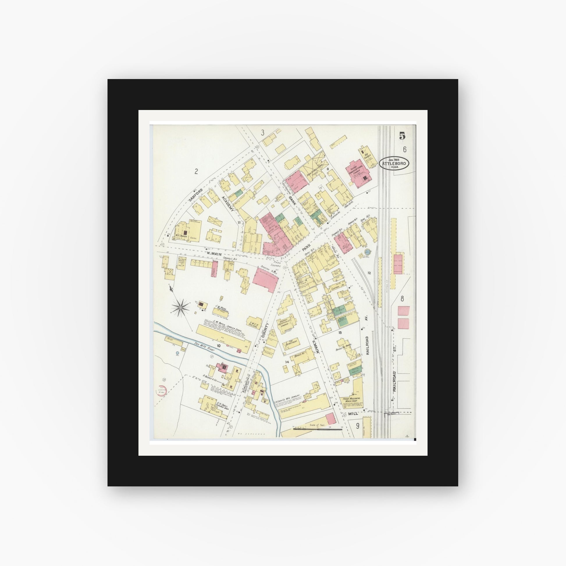Old map wall art mockup — black gallery frame with white mat — Sanborn Fire Insurance Map from Attleboro, Bristol County, Massachusetts (1905), Sheet #0005