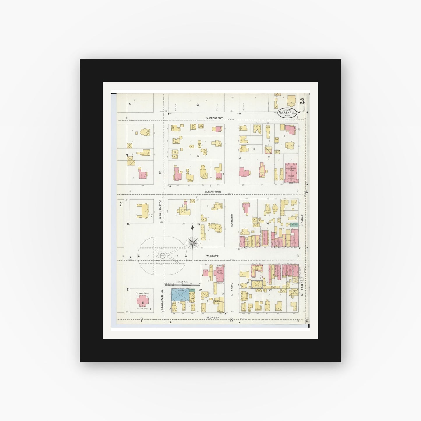 Old map wall art mockup — black gallery frame with white mat — Sanborn Fire Insurance Map from Marshall, Calhoun County, Michigan (1906), Sheet #0003