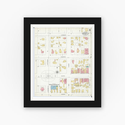 Old map wall art mockup — black gallery frame with white mat — Sanborn Fire Insurance Map from Marshall, Calhoun County, Michigan (1906), Sheet #0003