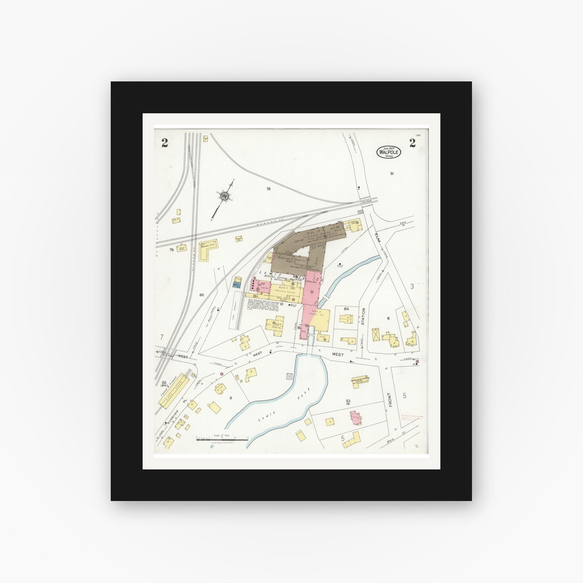 Old map wall art mockup — black gallery frame with white mat — Sanborn Fire Insurance Map from Walpole, Norfolk County, Massachusetts (1927), Sheet #0002