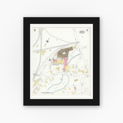 Old map wall art mockup — black gallery frame with white mat — Sanborn Fire Insurance Map from Walpole, Norfolk County, Massachusetts (1927), Sheet #0002