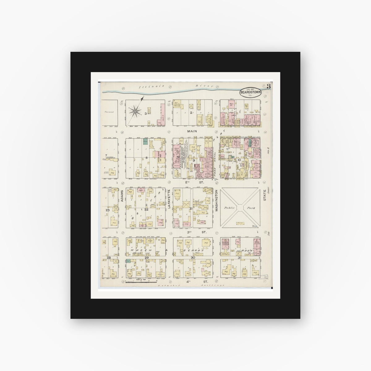 Old map wall art mockup — black gallery frame with white mat — Sanborn Fire Insurance Map from Beardstown, Cass County, Illinois (1887), Sheet #0003