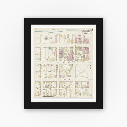 Old map wall art mockup — black gallery frame with white mat — Sanborn Fire Insurance Map from Beardstown, Cass County, Illinois (1887), Sheet #0003