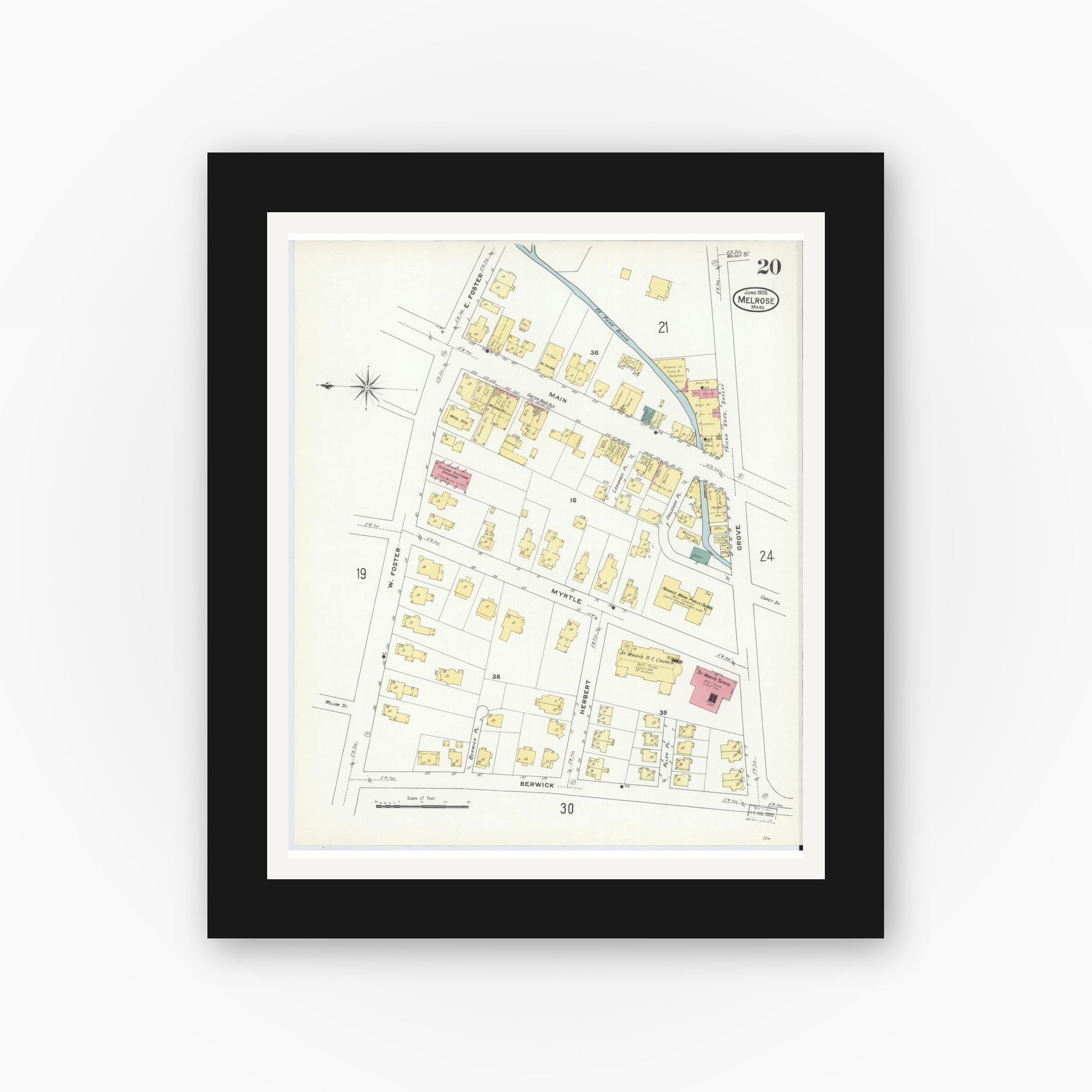 Old map wall art mockup — black gallery frame with white mat — Sanborn Fire Insurance Map from Melrose, Middlesex County, Massachusetts (1909), Sheet #0020