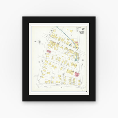 Old map wall art mockup — black gallery frame with white mat — Sanborn Fire Insurance Map from Melrose, Middlesex County, Massachusetts (1909), Sheet #0020