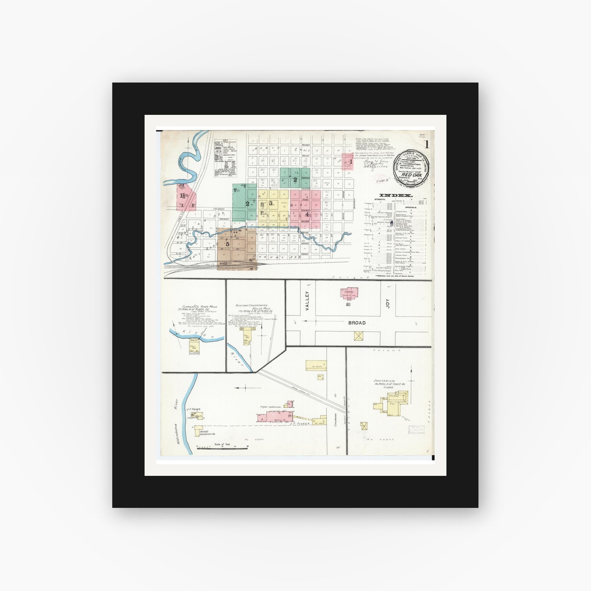 Old map wall art mockup — black gallery frame with white mat — Sanborn Fire Insurance Map from Red Oak, Montgomery County, Iowa (1891) â€” Complete Set