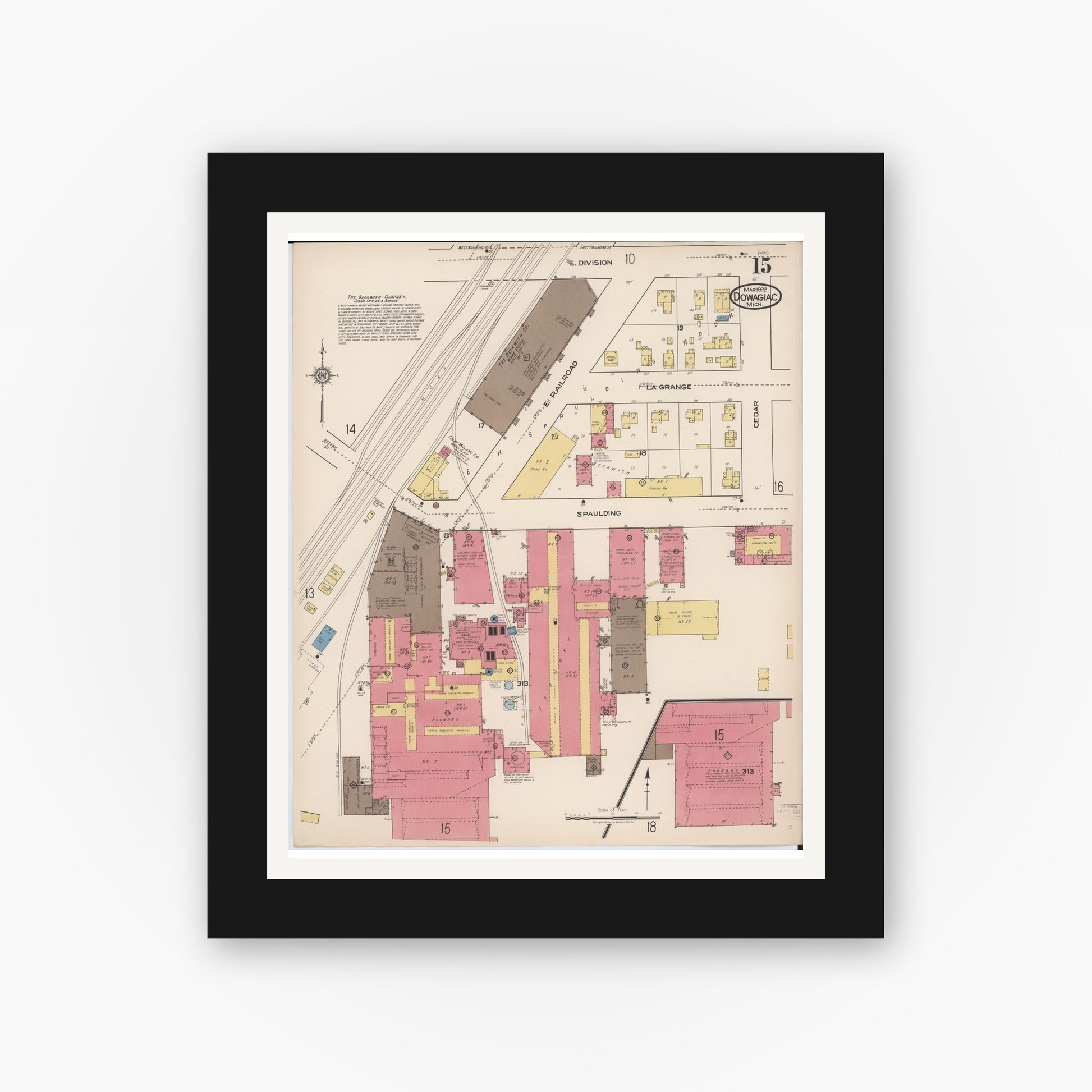 Old map wall art mockup — black gallery frame with white mat — Sanborn Fire Insurance Map from Dowagiac, Cass County, Michigan (1922), Sheet #0015
