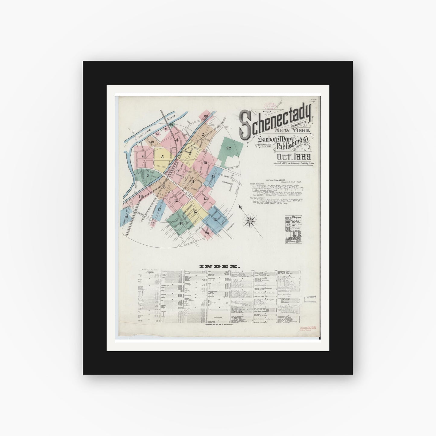 Old map wall art mockup — black gallery frame with white mat — Sanborn Fire Insurance Map from Schenectady, Schenectady County, New York (1889) - Complete Map Set