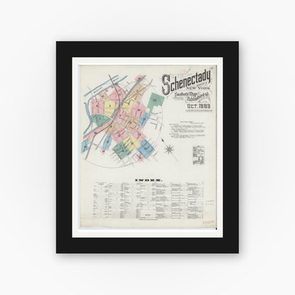 Old map wall art mockup — black gallery frame with white mat — Sanborn Fire Insurance Map from Schenectady, Schenectady County, New York (1889) - Complete Map Set