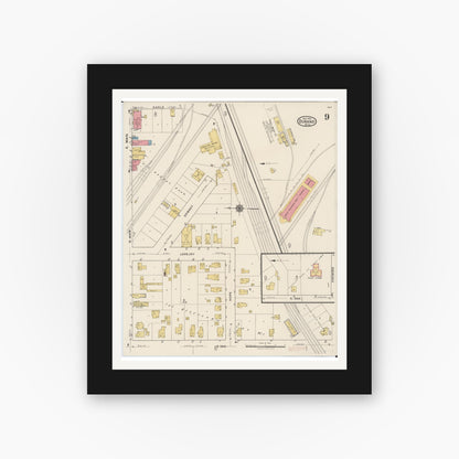 Old map wall art mockup — black gallery frame with white mat — Sanborn Fire Insurance Map from Durand, Shiawassee County, Michigan (1922), Sheet #0009