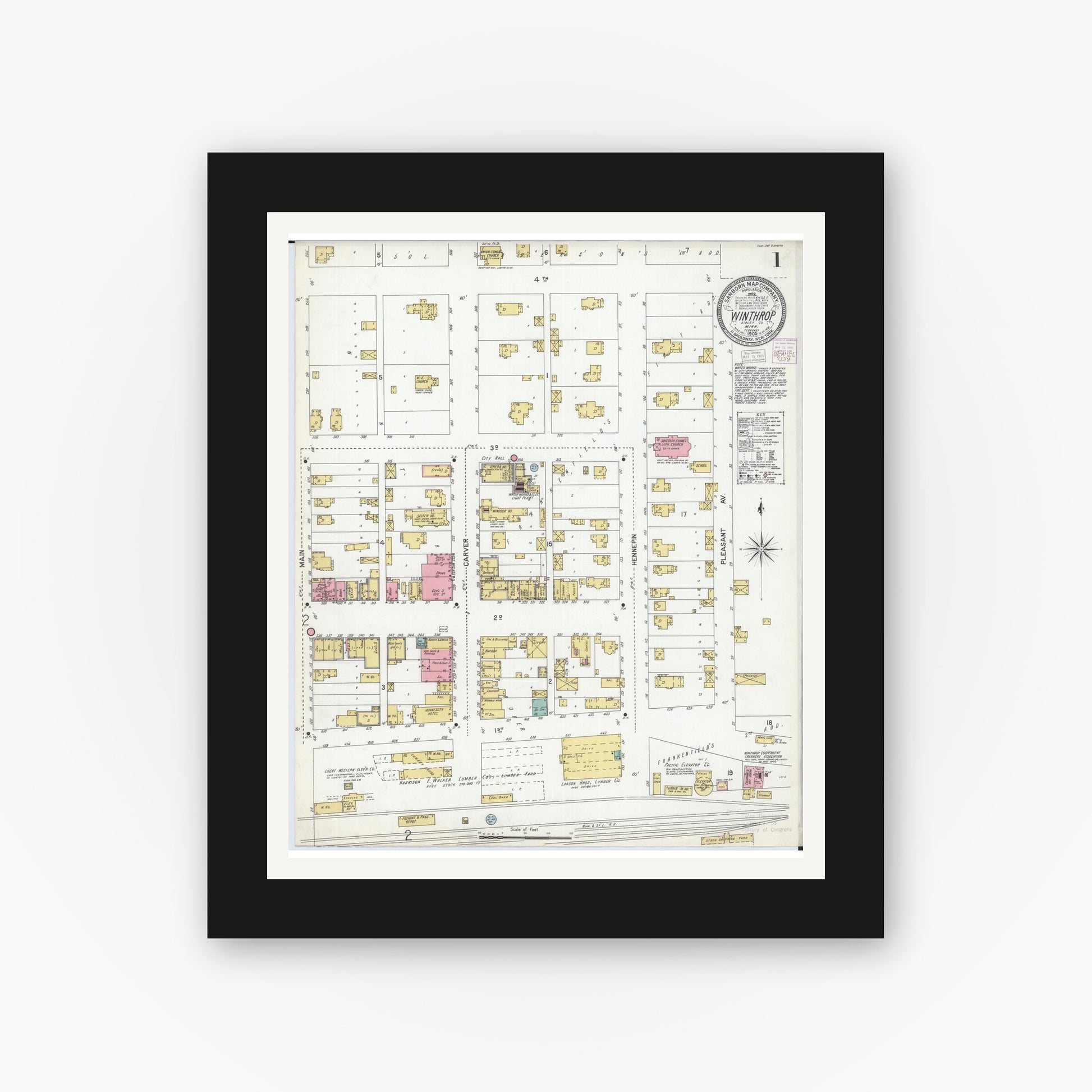 Old map wall art mockup — black gallery frame with white mat — Sanborn Fire Insurance Map from Winthrop, Sibley County, Minnesota (1905) - Complete Map Set