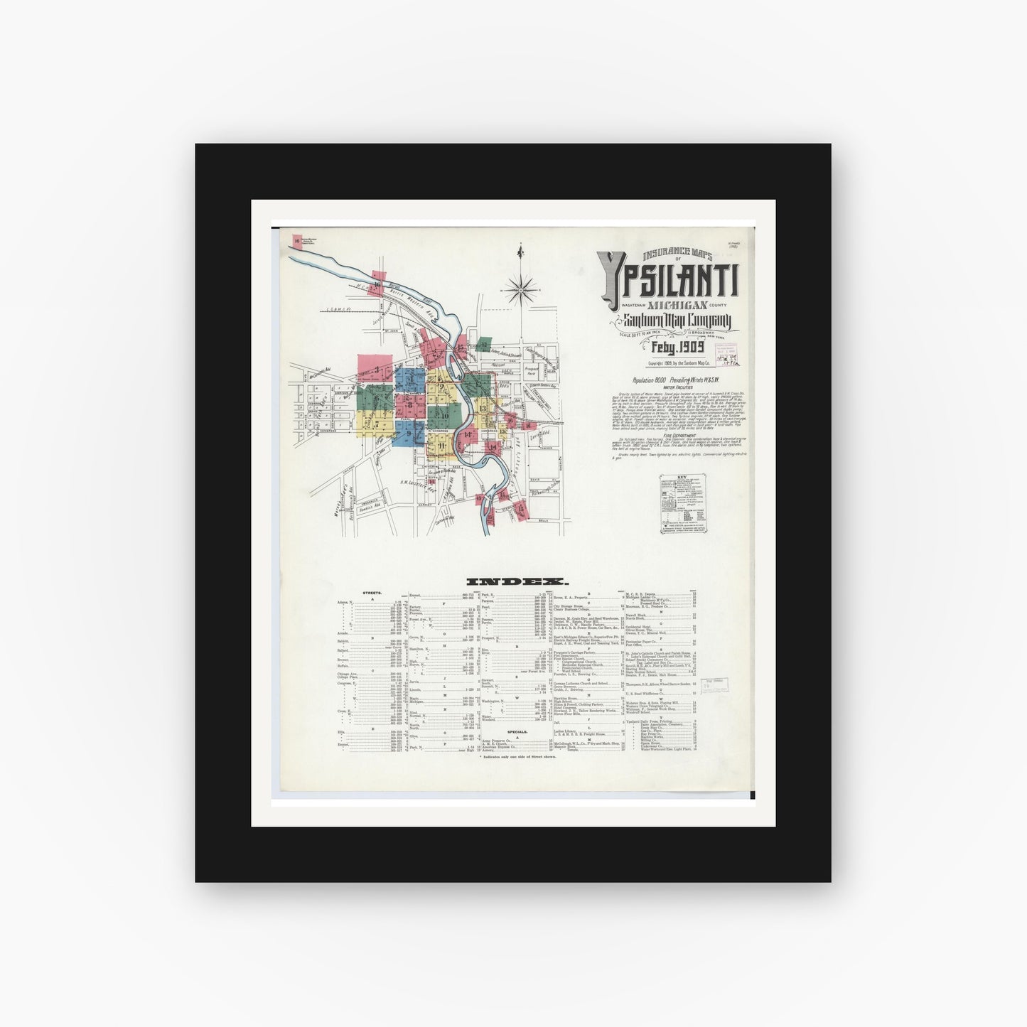 Old map wall art mockup — black gallery frame with white mat — Sanborn Fire Insurance Map from Ypsilanti, Washtenaw County, Michigan (1909) - Complete Map Set