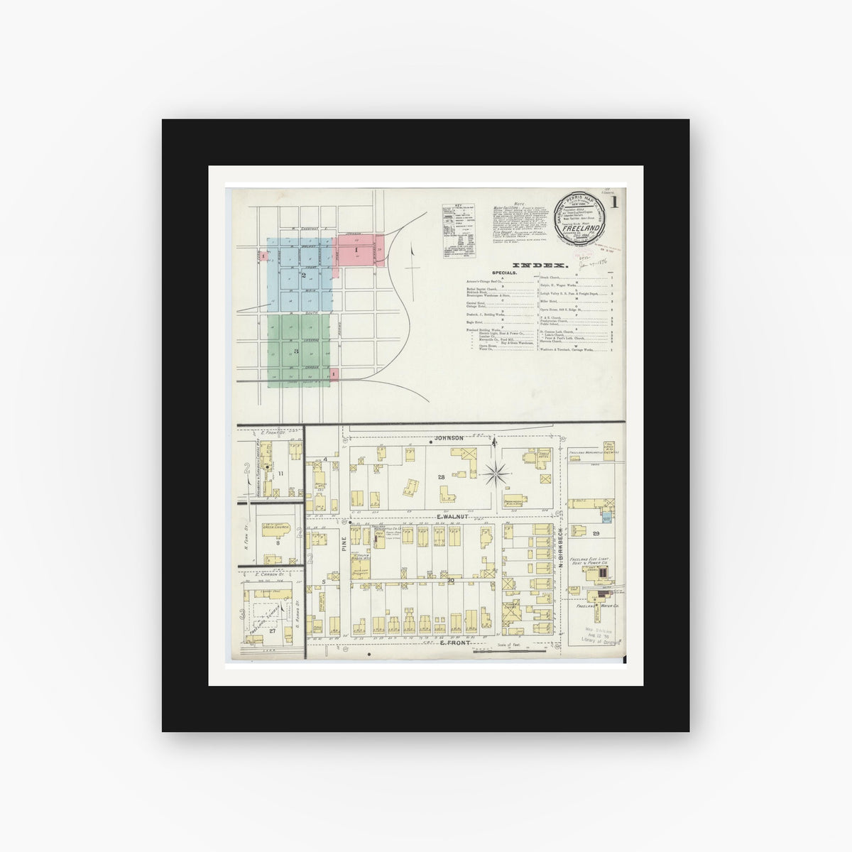 Old map wall art mockup — black gallery frame with white mat — Sanborn Fire Insurance Map from Freeland, Luzerne County, Pennsylvania (1895) - Complete Map Set