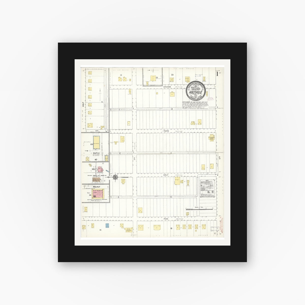 Old map wall art mockup — black gallery frame with white mat — Sanborn Fire Insurance Map from Holtville, Imperial County, California (1911), Sheet #0001