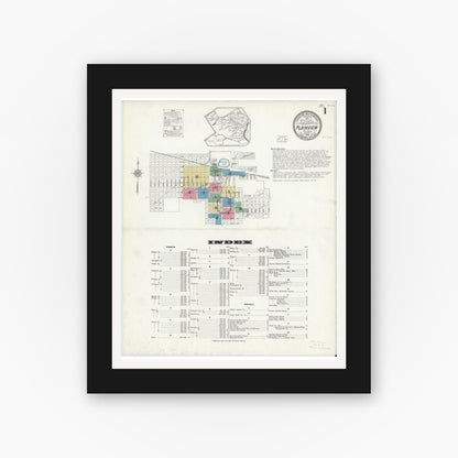 Old map wall art mockup — black gallery frame with white mat — Sanborn Fire Insurance Map from Plainview, Hale County, Texas (1914), Sheet #0001