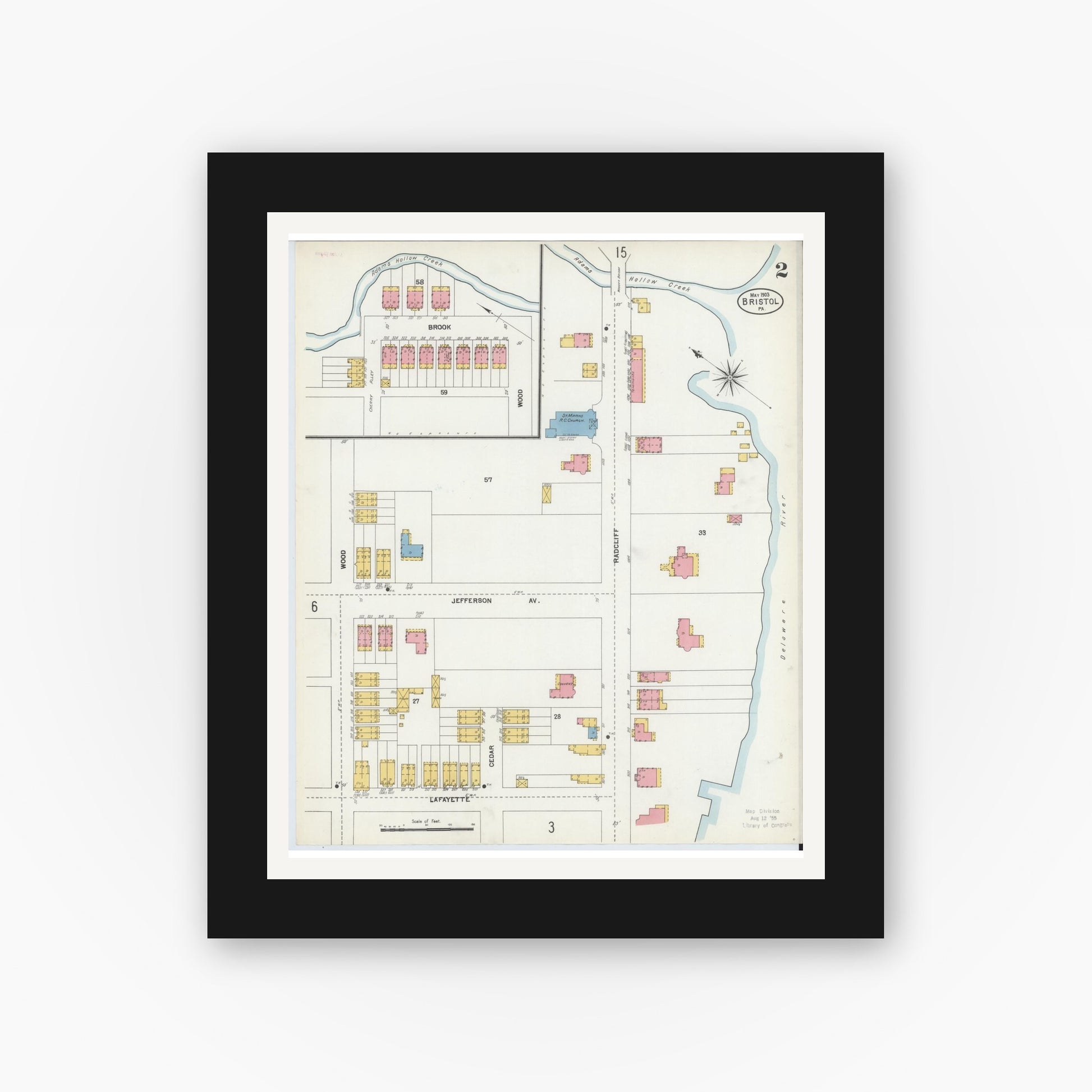 Old map wall art mockup — black gallery frame with white mat — Sanborn Fire Insurance Map from Bristol, Bucks County, Pennsylvania (1903), Sheet #0002