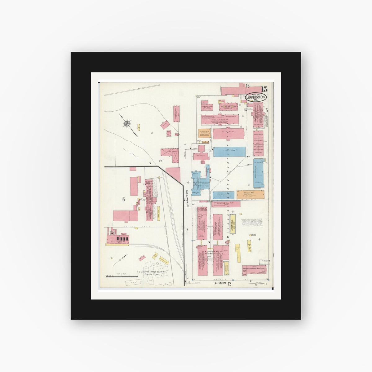 Old map wall art mockup — black gallery frame with white mat — Sanborn Fire Insurance Map from Jefferson City, Cole County, Missouri (1916), Sheet #0015