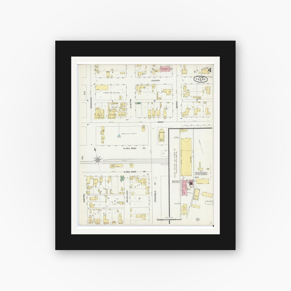 Old map wall art mockup — black gallery frame with white mat — Sanborn Fire Insurance Map from Cuero, De Witt County, Texas (1896), Sheet #0004
