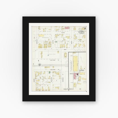 Old map wall art mockup — black gallery frame with white mat — Sanborn Fire Insurance Map from Cuero, De Witt County, Texas (1896), Sheet #0004