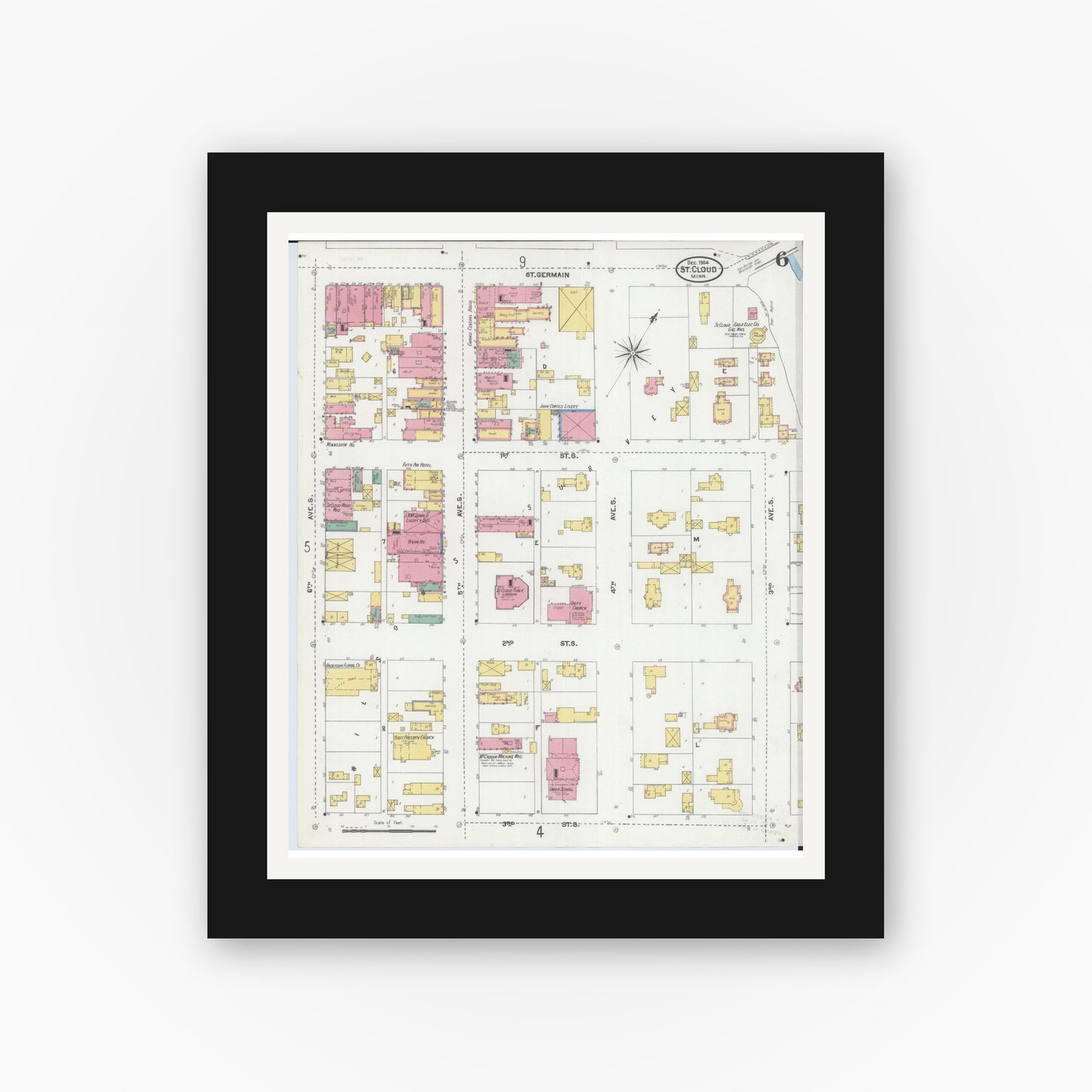 Old map wall art mockup — black gallery frame with white mat — Sanborn Fire Insurance Map from Saint Cloud, Stearns, Benton, and Sherburne Counties, Minnesota (1904), Sheet #0006